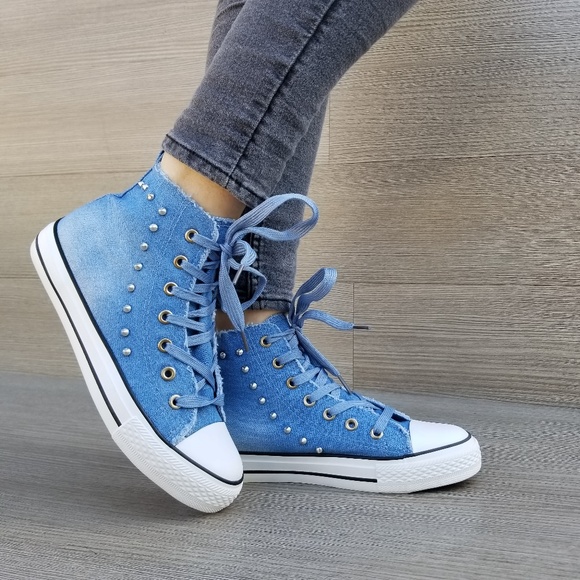 Jean High Top Fashion Sneakers W/ Metal Studs-D - Picture 3 of 8